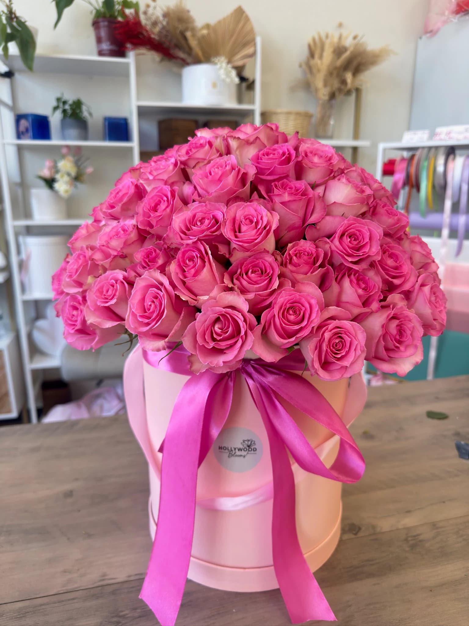 Pink rose arrangement inside the Hollywood Blooms studio